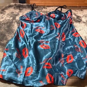 Blue Satin night  Dress with Red Lip Print